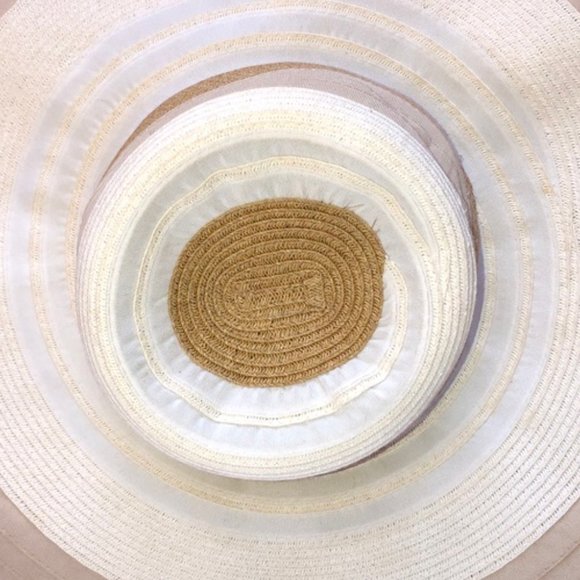 Stunning white tan wide brim cotton canvas straw black bow beach sun hat - Picture 7 of 9